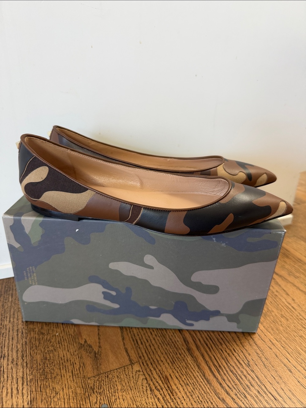 Valentino Camouflage Pointed-Toe Ballet Flats in Brown & Tan
